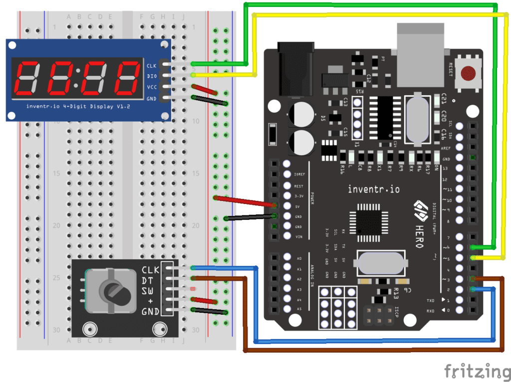 Wiring diagram showing rotary encoder and seven-segment display connections