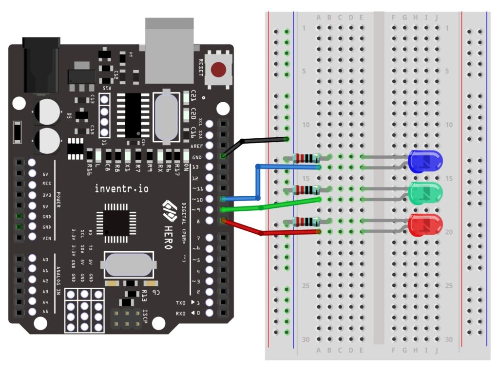Wiring diagram showing three LEDs connected to pins 8, 9, and 10