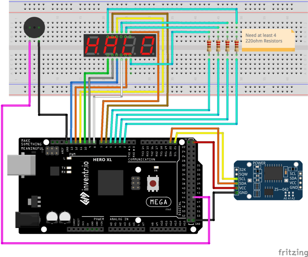Wiring diagram showing DS3231 RTC, seven-segment display, and buzzer connections